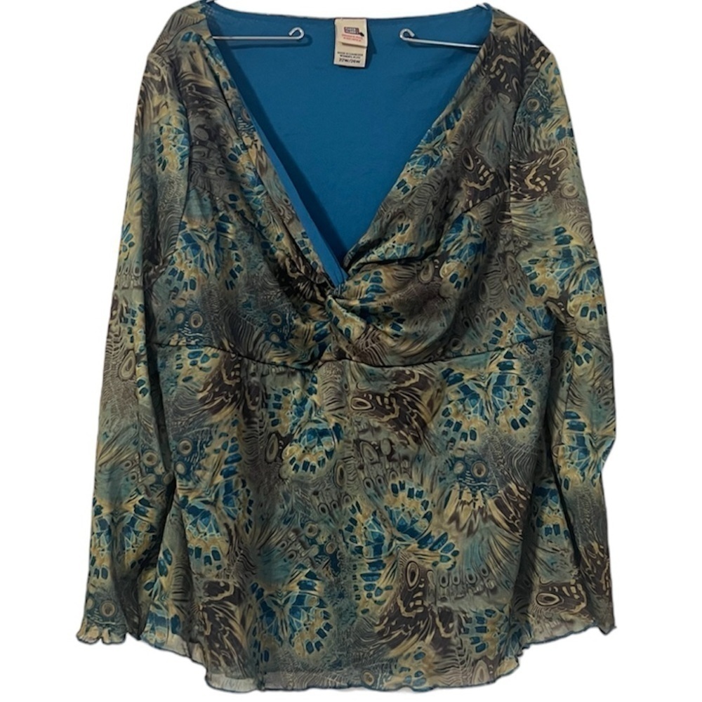 Vintage Faded Glory V-Neck Knot Front Printed Long Sleeve Top 22W-24W Y2K 90s